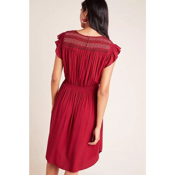 Anthropologie Dolan Red Left Coast Tansy Smocked Midi Ruffle-Shoulder Dress XS - Picture 3 of 16